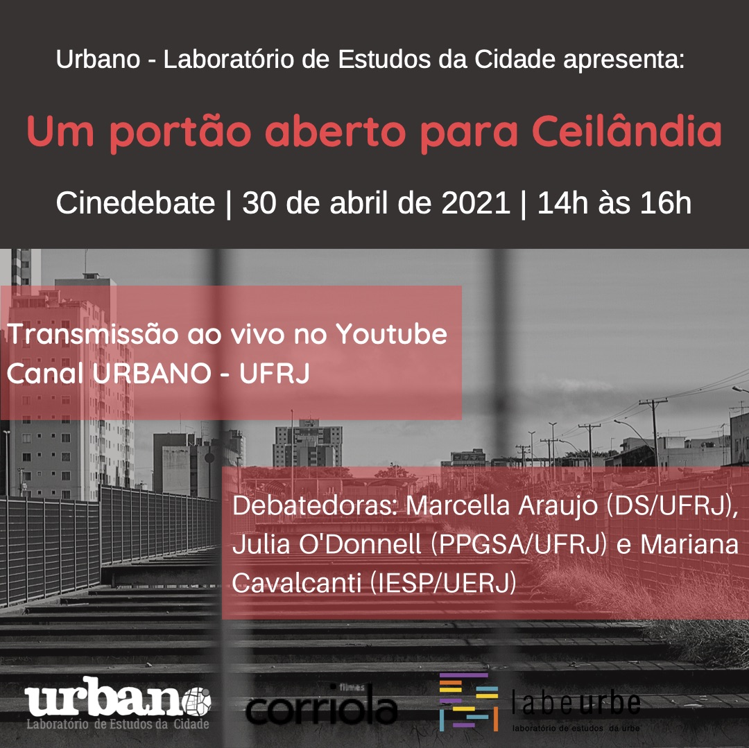 Informações do evento. Como fundo, uma foto da linha do metrô na Ceilândia